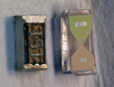 Memristor prototype produced during the current project (on the right hand side) compared to a standard 1